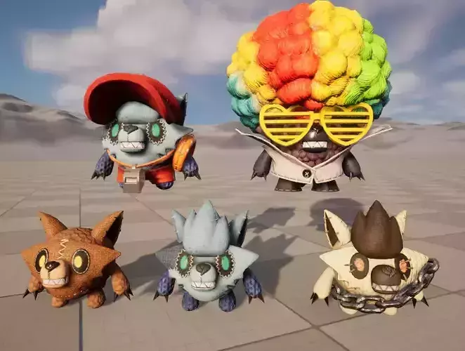 Five stylized plush werewolves   upgraded with skeletal skins Low-poly 3D model