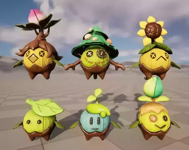 Six stylized puppets mutated plants  equipped skeletal skins