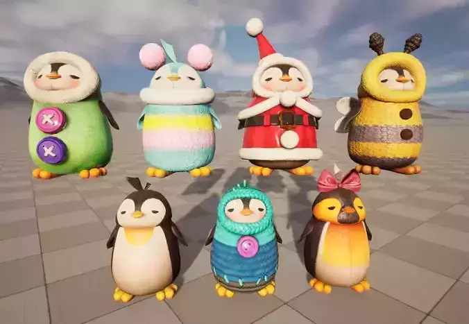 Seven stylized puppets dressing penguins skeletal skin