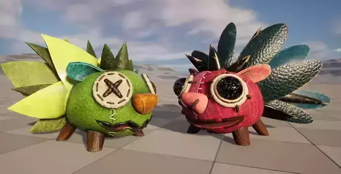 Two stylized puppet porcupines with skeletal skin