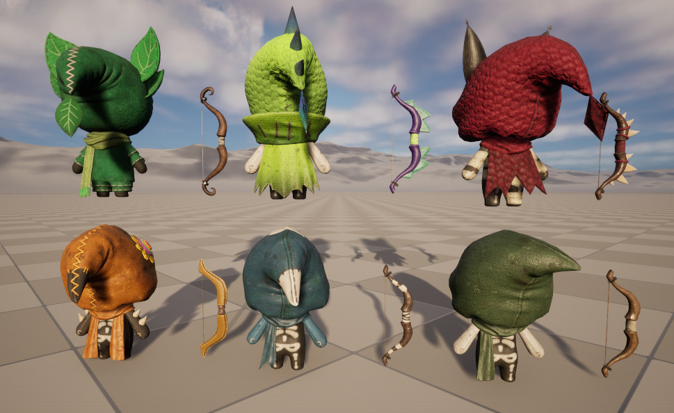 Six stylized puppets dressed as archers with skeletal skins Low-poly 3D model_7