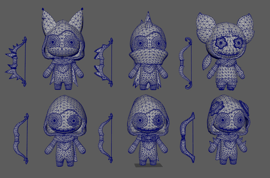 Six stylized puppets dressed as archers with skeletal skins Low-poly 3D model_15