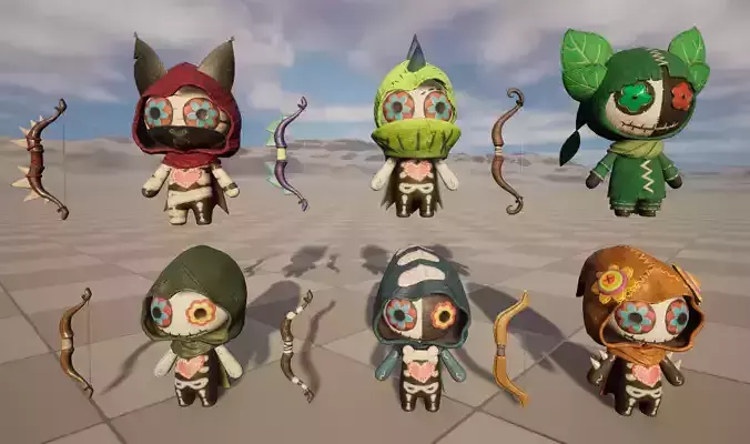 Six stylized puppets dressed as archers with skeletal skins