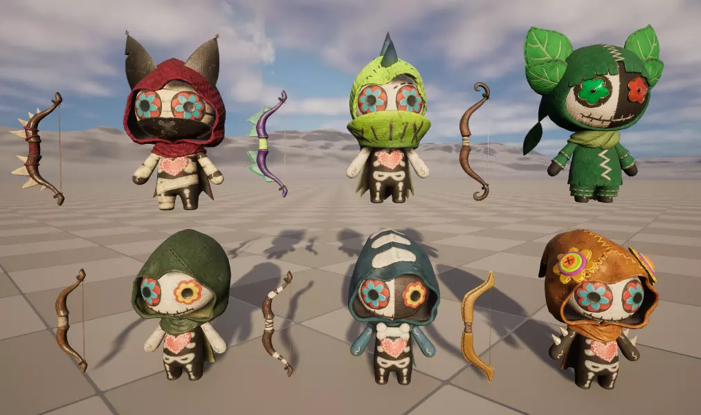 Six stylized puppets dressed as archers with skeletal skins Low-poly 3D model_0