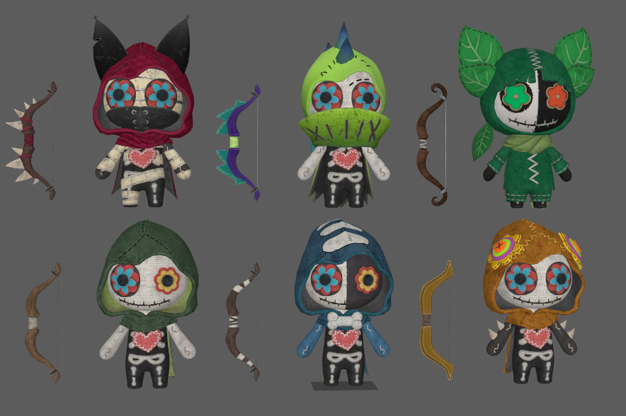 Six stylized puppets dressed as archers with skeletal skins Low-poly 3D model_8