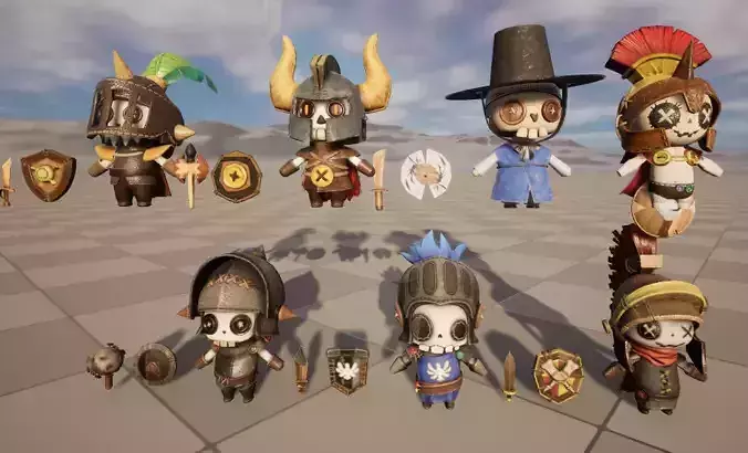 Seven stylized puppet death knights with skeletal skins