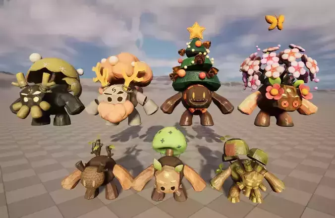 Seven stylized puppet tree sprites with skeletal skins