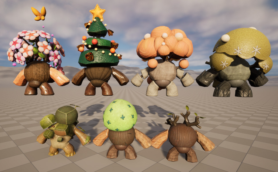 Seven stylized puppet tree sprites with skeletal skins Low-poly 3D model_8