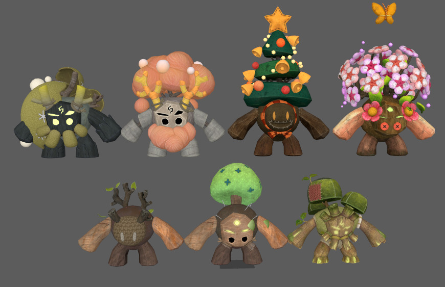 Seven stylized puppet tree sprites with skeletal skins Low-poly 3D model_9