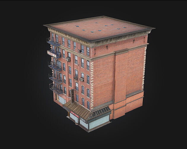 Brick Hotel Building  Vintage Elegance with Urban Charm 3D model 6