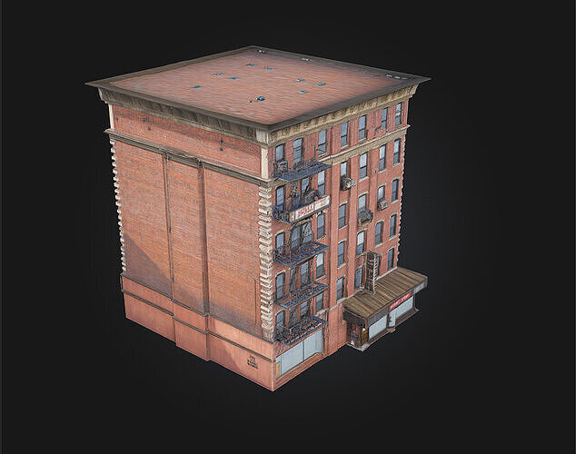 Brick Hotel Building  Vintage Elegance with Urban Charm 3D model 7