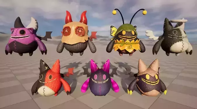 Seven stylized puppets with demon bees and skeletal skins Low-poly 3D model