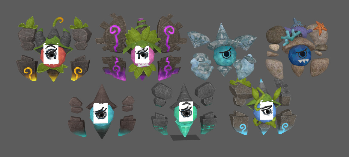 Seven stylized rune elements stone monsters with skeletal skins Low-poly 3D model_9