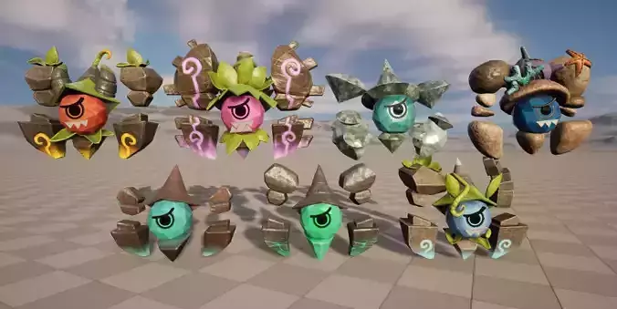Seven stylized rune elements stone monsters with skeletal skins