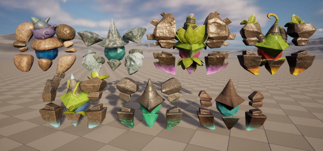 Seven stylized rune elements stone monsters with skeletal skins Low-poly 3D model_8