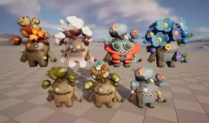 Seven stylized plush molds with skeletal skin