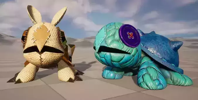 Two stylized plush toys turtle and rabbit with skeletal skin