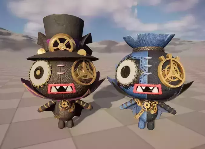 Two stylized puppet mechanical magicians with skeletal skin