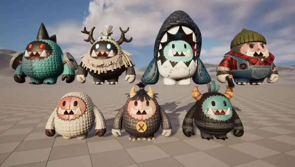 Seven stylized puppets snowman chubby guy upgraded skeleton skin Low-poly 3D model_0