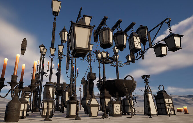 Realistic street lamps candles wall mounted lights  pots torches Low-poly 3D model