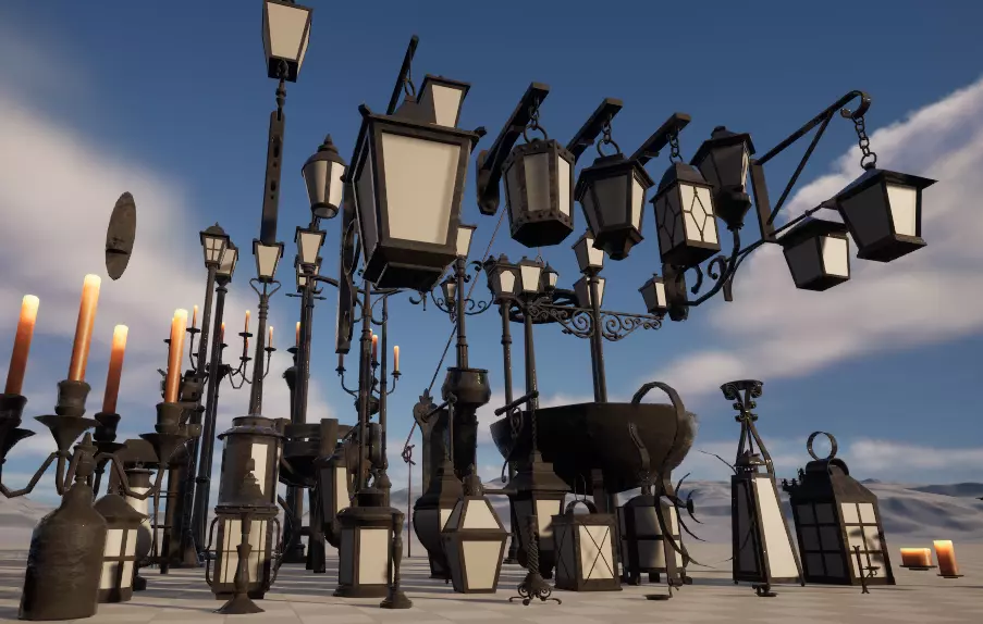 Realistic street lamps candles wall mounted lights  pots torches Low-poly 3D model_0