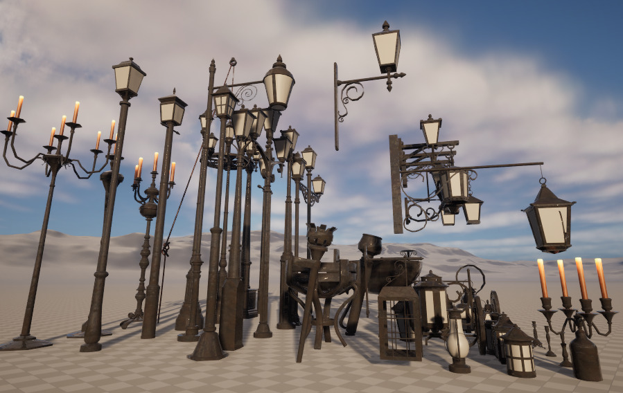 Realistic street lamps candles wall mounted lights  pots torches Low-poly 3D model_1