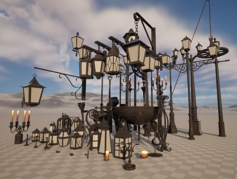 Realistic street lamps candles wall mounted lights  pots torches Low-poly 3D model_3