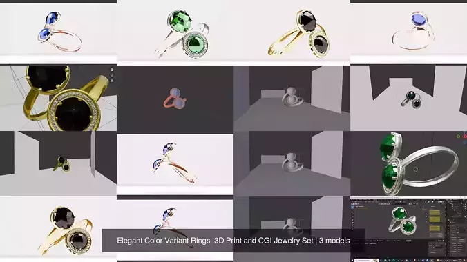 Elegant Color Variant Rings  3D Print and CGI Jewelry Set 3D Model Collection