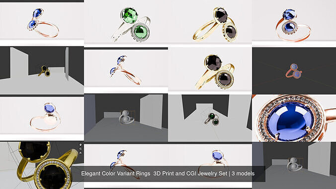 Elegant Color Variant Rings  3D Print and CGI Jewelry Set 3D Model Collection