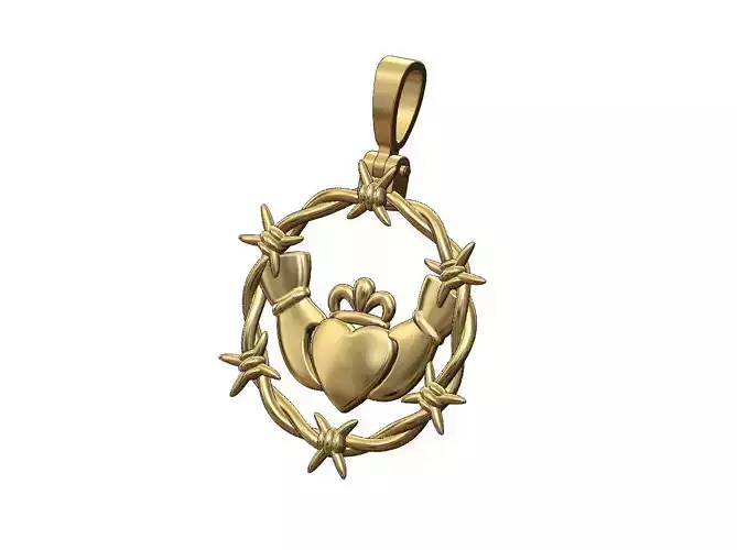 Barbwire halo open Claddagh heart crown round pendant  3D print model