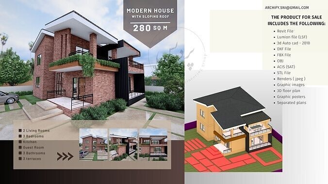 Modern House with Sloping Roof - 280 SQM -  Full Package 3D model