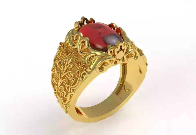 Ruby Cabochon Stone Floral Design Cocktail Ring