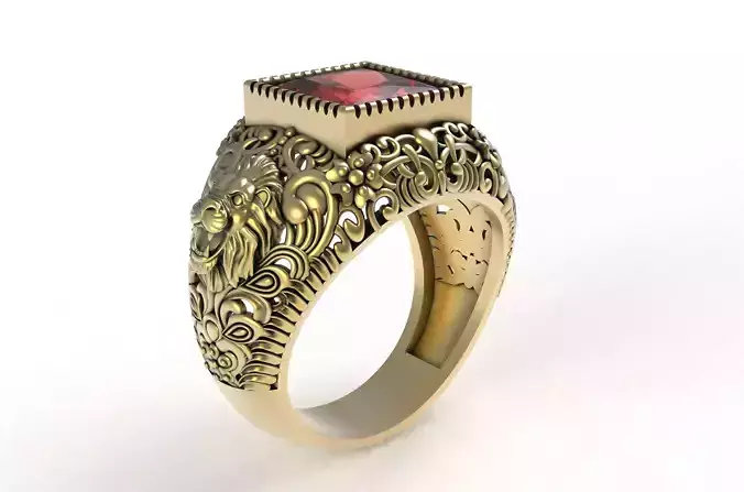 Large Stone with Lion Face Hip Hop Ring