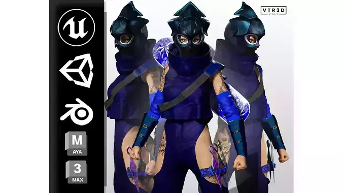Aokami Stylized Sci Fi Ninja Warrior Game Ready Character Low-poly 3D model
