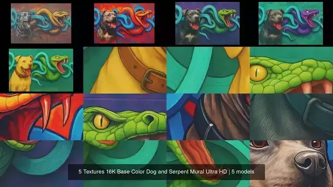 5 Textures 16K Base Color Dog and Serpent Mural Ultra HD Texture