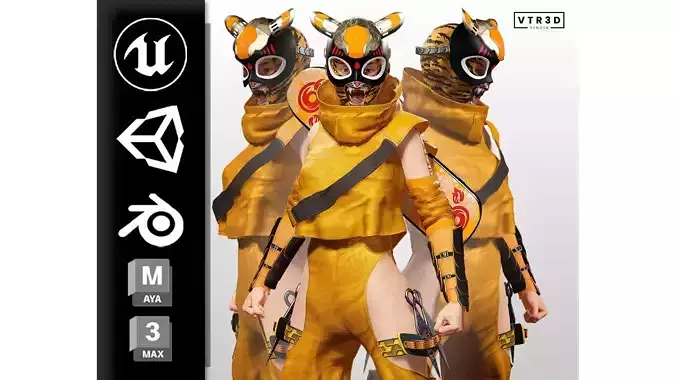 Tora Blaze Ninja Futuristic Tiger Mask Assassin Game Ready Low-poly 3D model