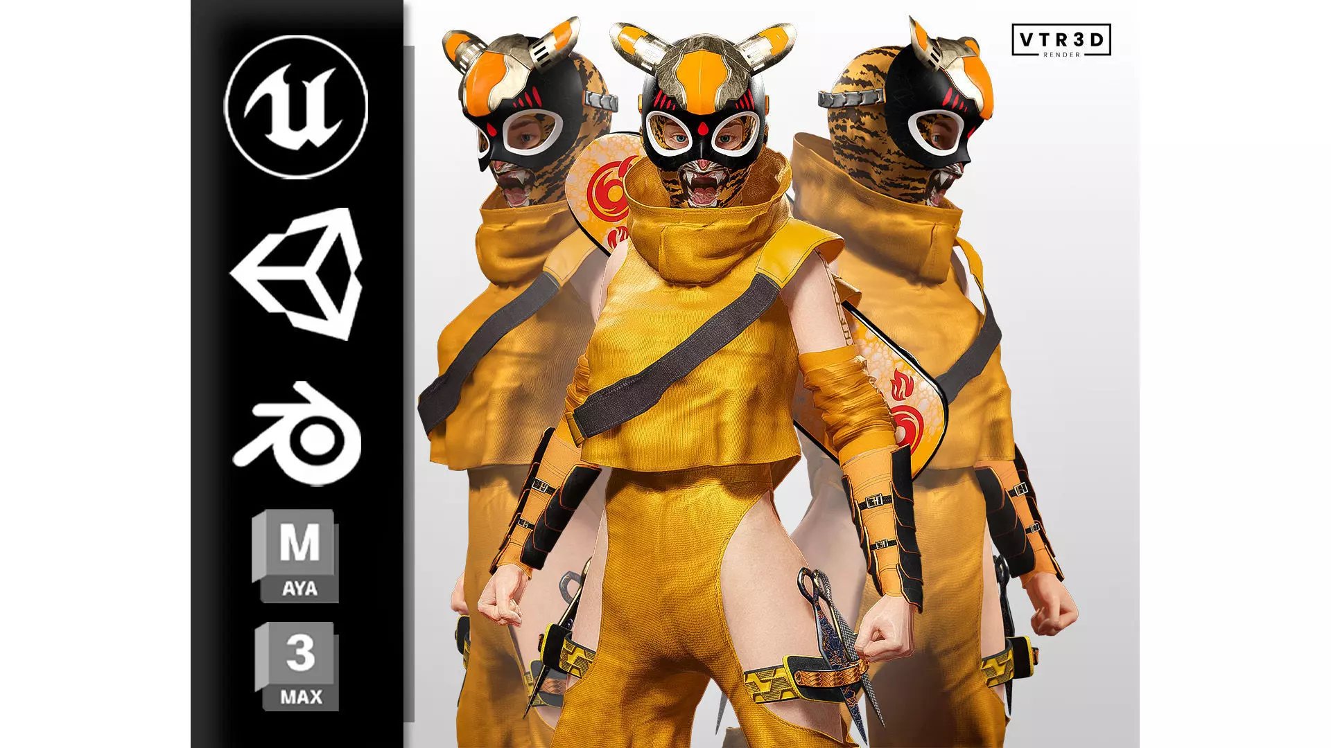 Tora Blaze Ninja Futuristic Tiger Mask Assassin Game Ready Low-poly 3D model_0