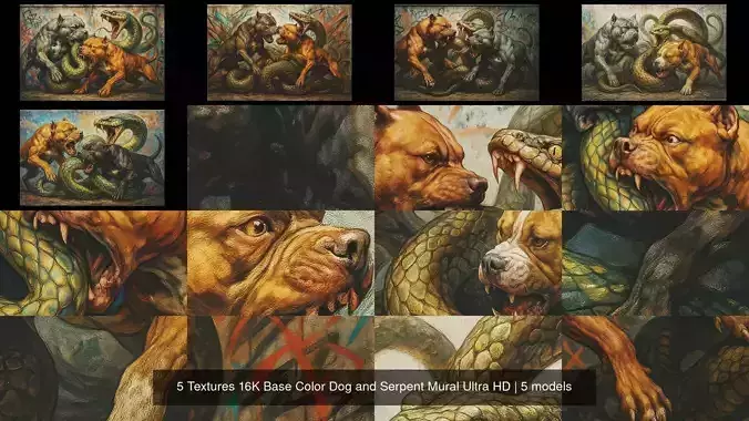 5 Textures 16K Base Color Dog and Serpent Mural Ultra HD Texture