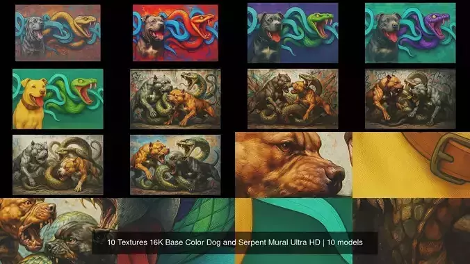 10 Textures 16K Base Color Dog and Serpent Mural Ultra HD Texture