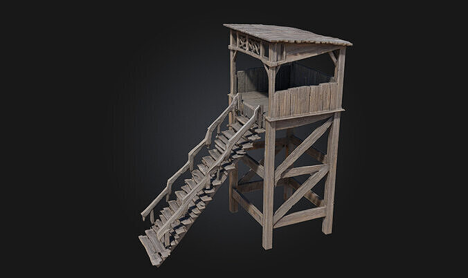Wooden Watchtower  Rustic Sentinel of the Wilderness 3D model 2