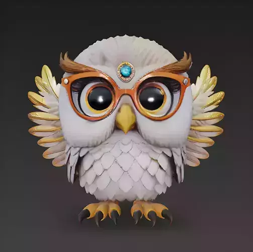 Fantasy Cute Cartoon Owl with Glasses and Golden Wings