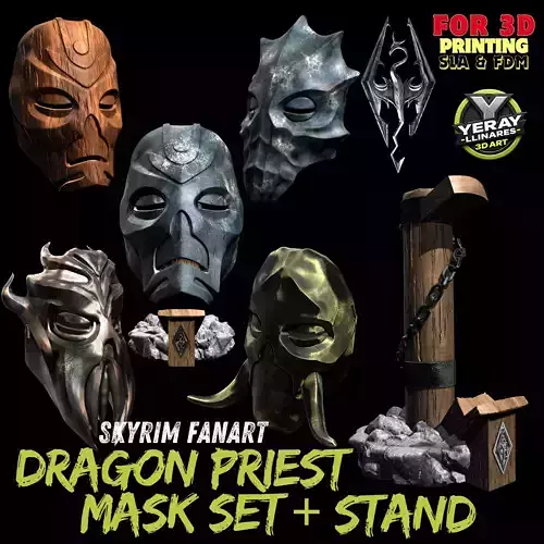 Dragon Priest Mask Collection and Display Stand from Skyrim