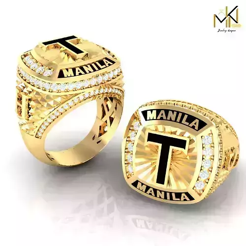 Custom Gold Ring   MANILA T Initial Design with Diamond 3D print model