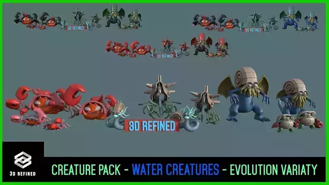Gameready Creature Bundle- WaterSea Monsters- evolu variety pack Low-poly 3D model