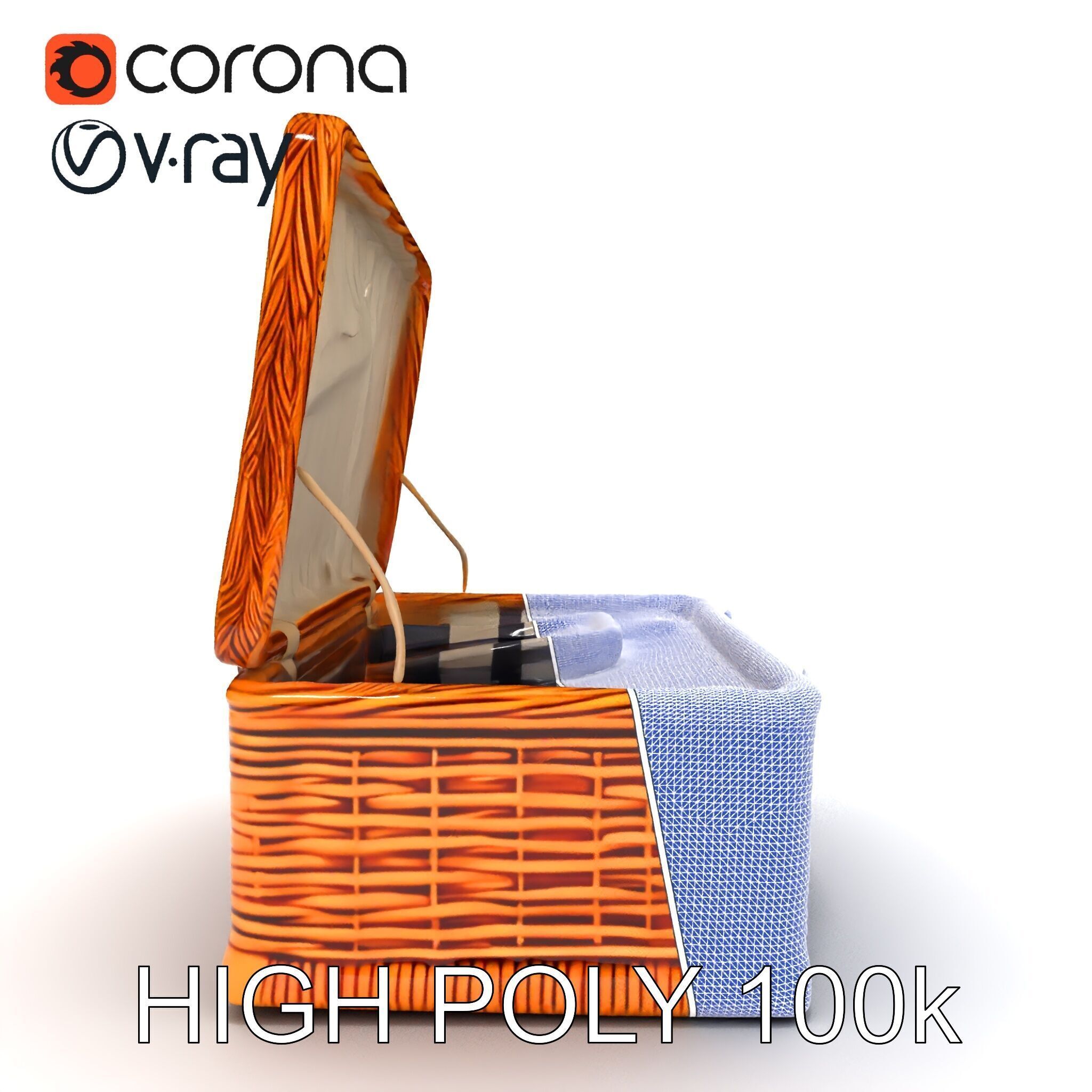 Wicker Picnic Basket Model Pack with Cloth Insert Low-poly 3D model_10
