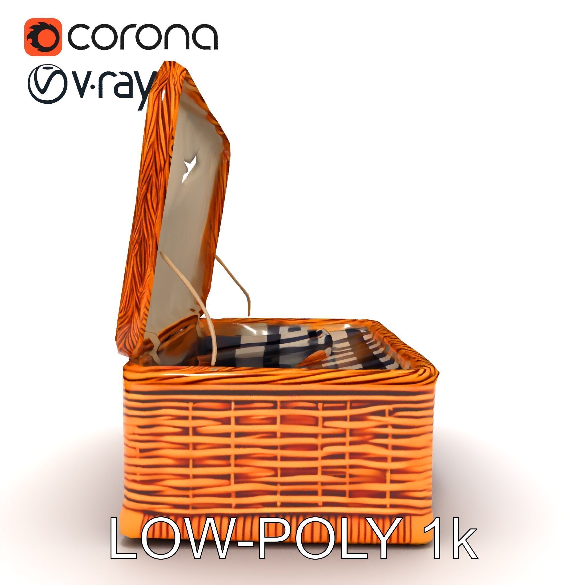 Wicker Picnic Basket Model Pack with Cloth Insert Low-poly 3D model_9