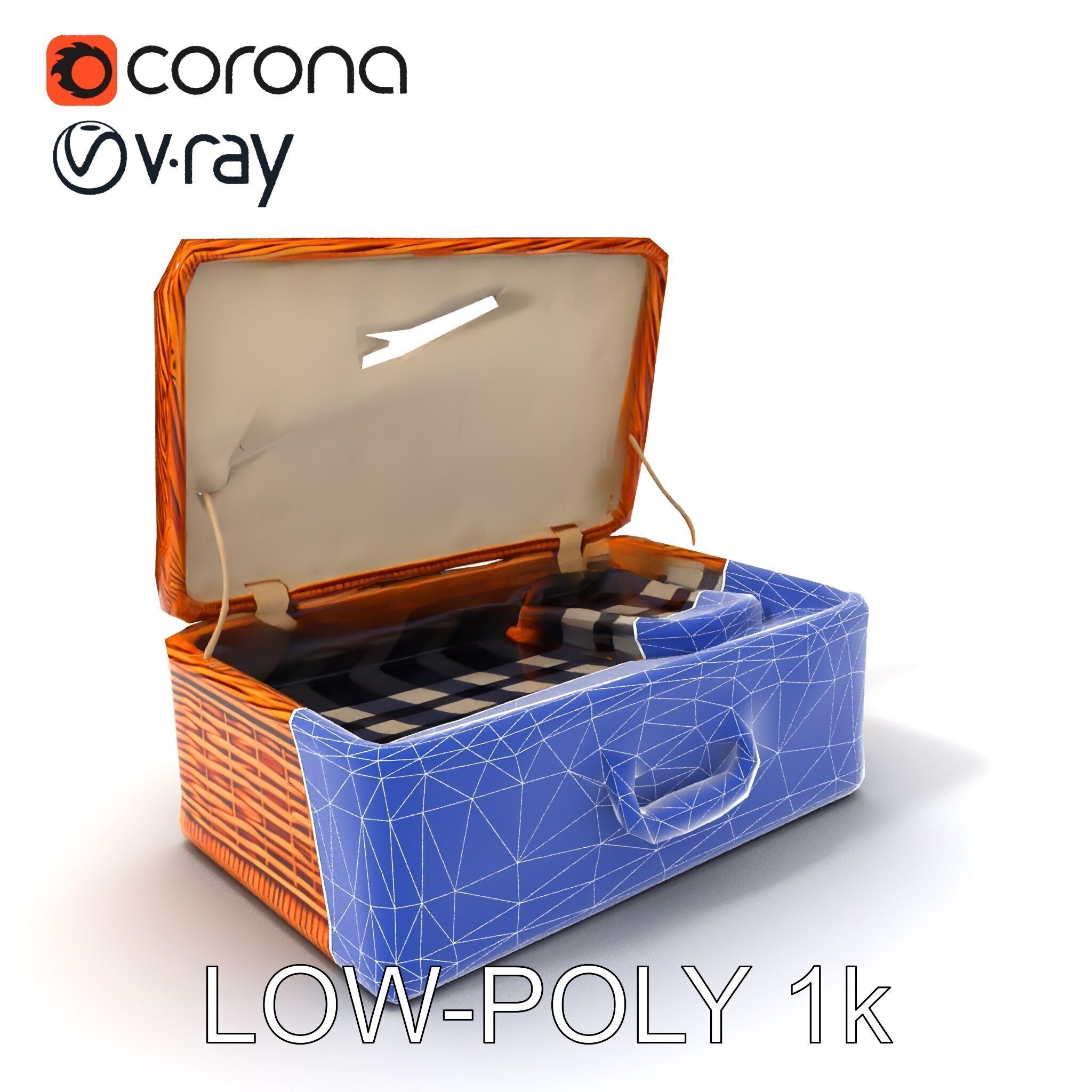 Wicker Picnic Basket Model Pack with Cloth Insert Low-poly 3D model_7