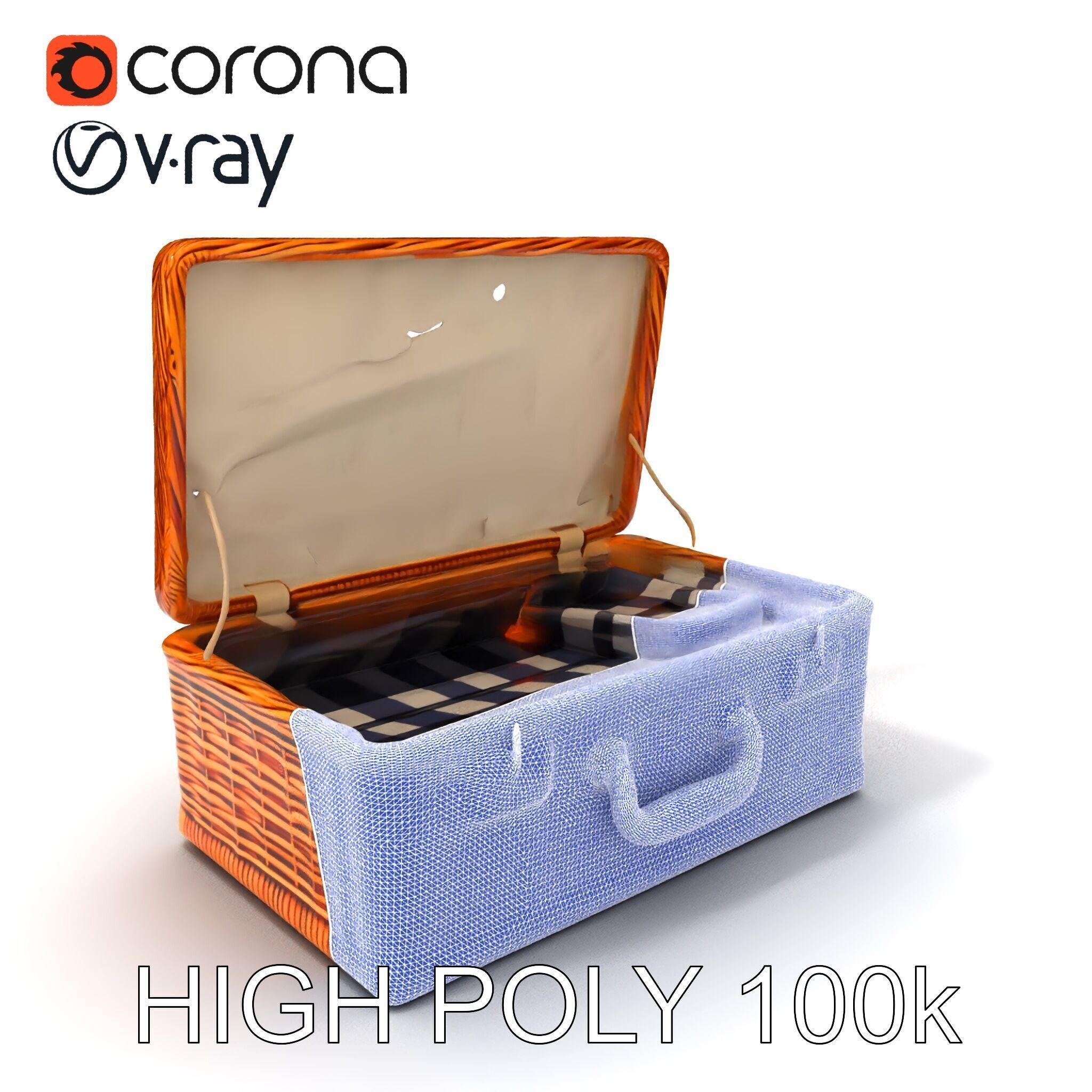 Wicker Picnic Basket Model Pack with Cloth Insert Low-poly 3D model_3