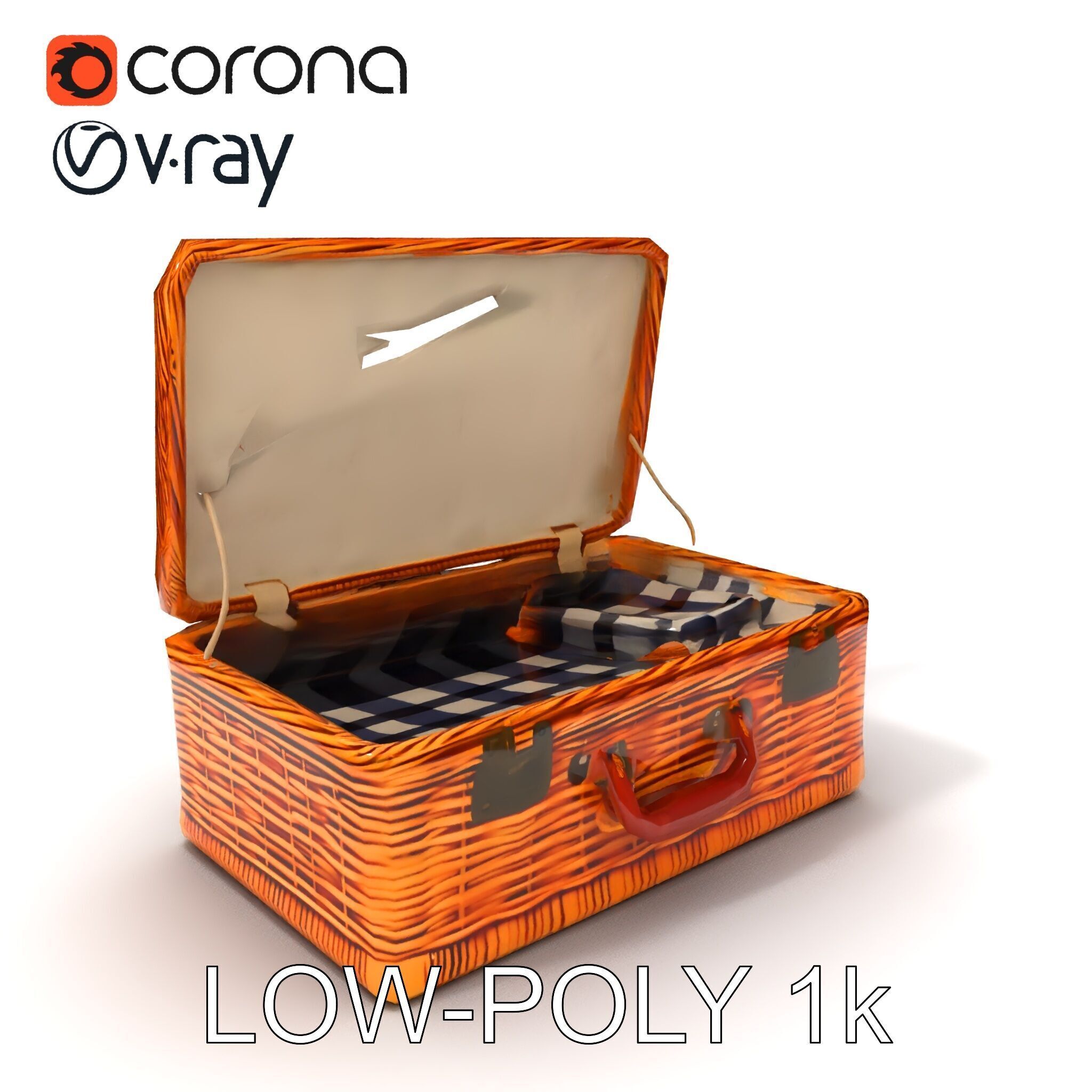 Wicker Picnic Basket Model Pack with Cloth Insert Low-poly 3D model_14
