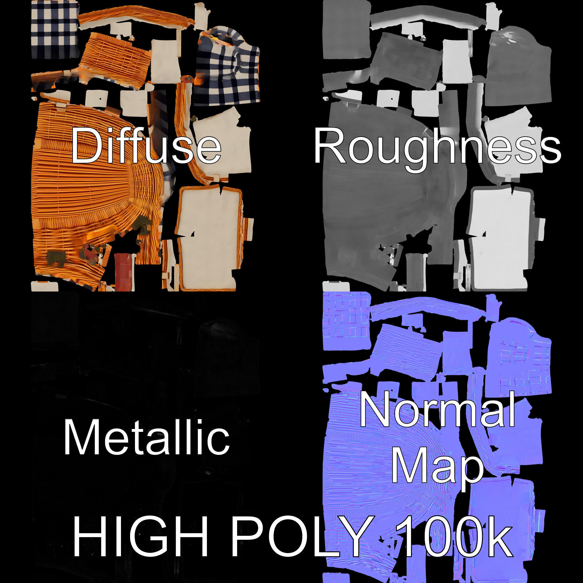 Wicker Picnic Basket Model Pack with Cloth Insert Low-poly 3D model_2